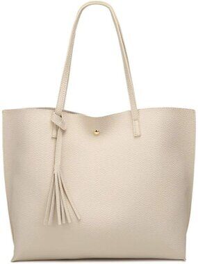 Women's Beige Soft Faux Leather Tassel Style Handbag Tote Shoulder Bag